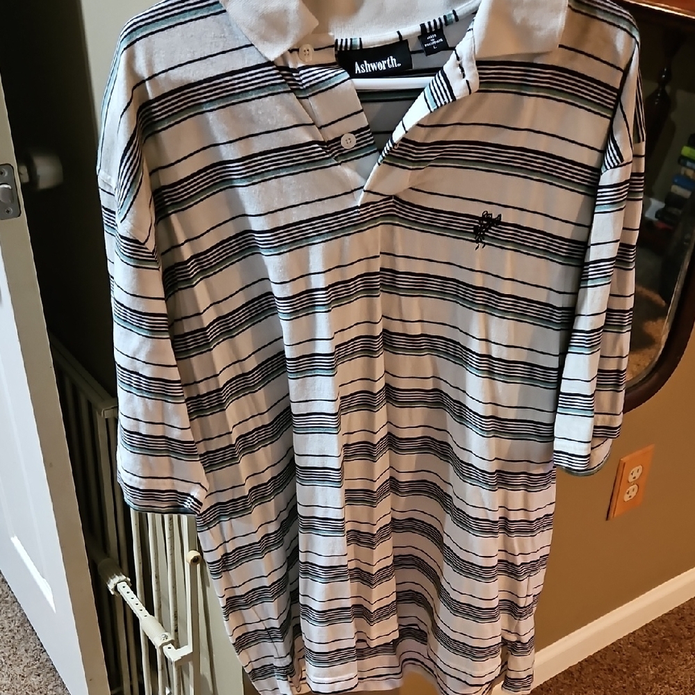 Ashworth Men's Polo Shirt - Black and White Stripes